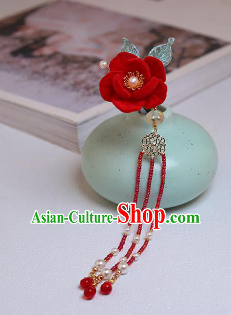 Chinese Classical Court Camellia Hair Stick Handmade Hanfu Hair Accessories Ancient Ming Dynasty Princess Red Beads Tassel Hairpins