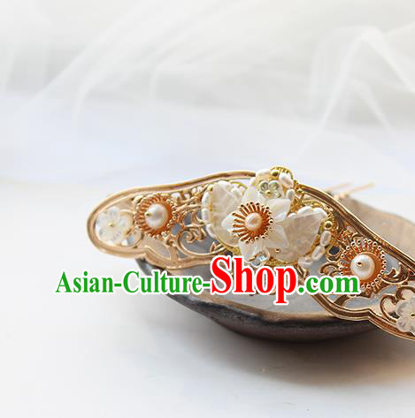 Chinese Classical Pearls Hair Crown Handmade Hanfu Hair Accessories Ancient Ming Dynasty Empress Shell Flower Golden Hairpins