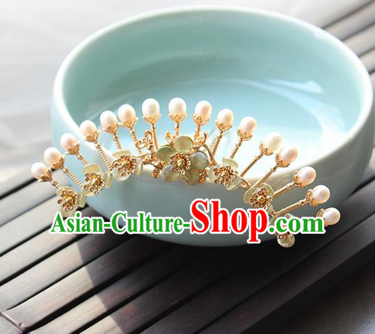 Chinese Classical Green Plum Hair Crown Handmade Hanfu Hair Accessories Ancient Ming Dynasty Empress Pearls Golden Hairpins