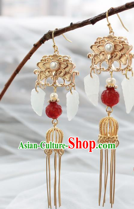 Chinese Handmade Golden Tassel Earrings Classical Jewelry Accessories Hanfu Ming Dynasty Agate Eardrop