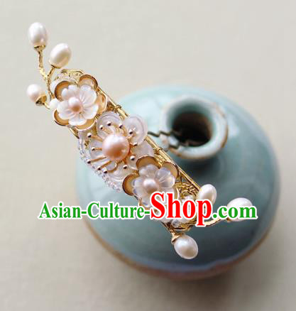 Chinese Classical Golden Hair Stick Handmade Hanfu Hair Accessories Ancient Ming Dynasty Pearls Shell Flowers Hairpins