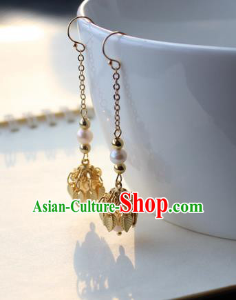 Chinese Handmade Golden Leaf Tassel Earrings Classical Jewelry Accessories Hanfu Ming Dynasty Princess Pearls Eardrop