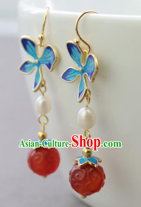 Chinese Handmade Blueing Flower Earrings Classical Jewelry Accessories Hanfu Ming Dynasty Princess Agate Eardrop