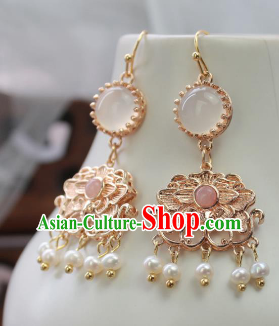 Chinese Handmade Golden Peony Earrings Classical Jewelry Accessories Hanfu Ming Dynasty Princess Pearls Tassel Eardrop