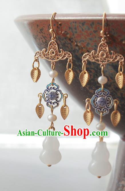 Chinese Handmade Jade Calabash Earrings Classical Jewelry Accessories Hanfu Ming Dynasty Princess Golden Leaf Tassel Eardrop