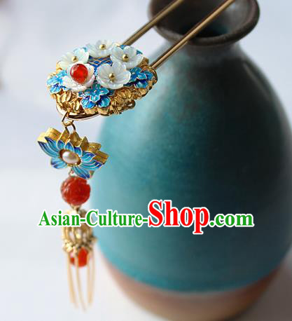 Chinese Classical Blueing Lotus Hair Stick Handmade Hanfu Hair Accessories Ancient Ming Dynasty Empress Golden Tassel Agate Hairpins