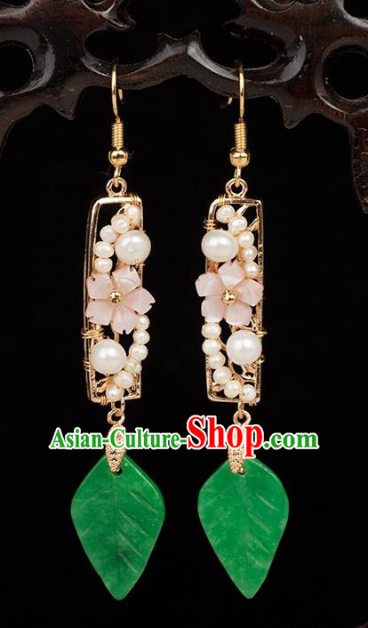 Chinese Handmade Green Jade Leaf Earrings Classical Jewelry Accessories Hanfu Ming Dynasty Princess Pearls Eardrop