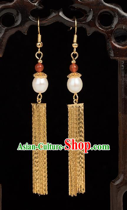 Chinese Handmade Earrings Classical Jewelry Accessories Hanfu Ming Dynasty Princess Golden Long Tassel Eardrop