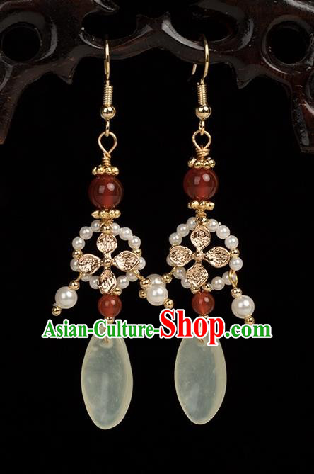 Chinese Handmade Jade Earrings Classical Jewelry Accessories Hanfu Ming Dynasty Princess Red Agate Beads Eardrop