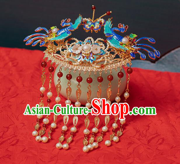 Chinese Classical Blueing Phoenix Tassel Step Shake Hair Crown Handmade Hanfu Hair Accessories Ancient Ming Dynasty Golden Leaf Hairpins