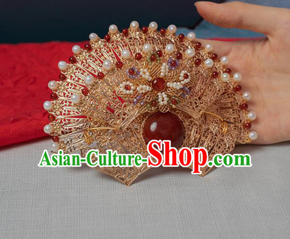 Chinese Classical Pearls Golden Hair Crown Handmade Hanfu Hair Accessories Ancient Tang Dynasty Palace Princess Agate Hairpins Phoenix Coronet