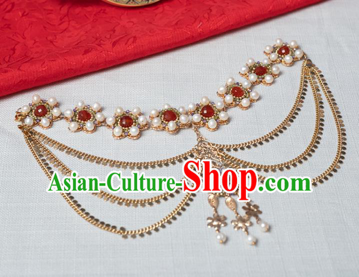 Chinese Classical Pearls Hair Clasp Handmade Hanfu Hair Accessories Ancient Tang Dynasty Palace Princess Hairpins Golden Eyebrows Pendant