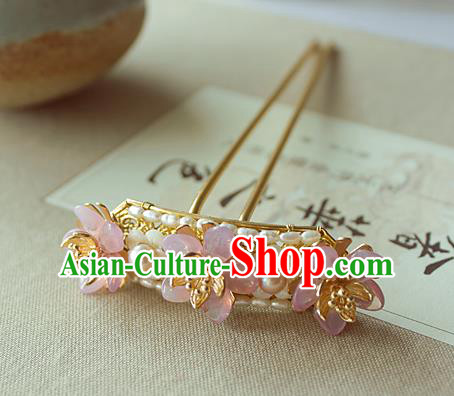 Chinese Classical Pearls Hair Stick Handmade Hanfu Hair Accessories Ancient Ming Dynasty Empress Pink Flowers Hairpins