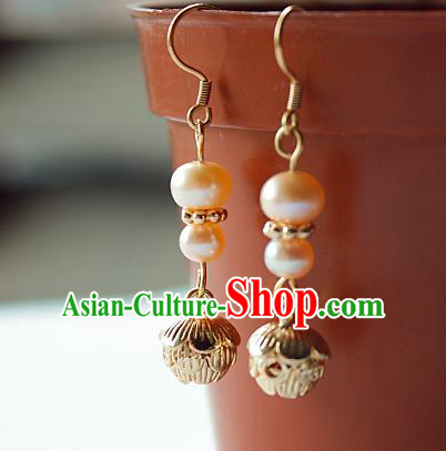 Chinese Handmade Pearls Earrings Classical Jewelry Accessories Hanfu Ming Dynasty Princess Golden Lotus Eardrop