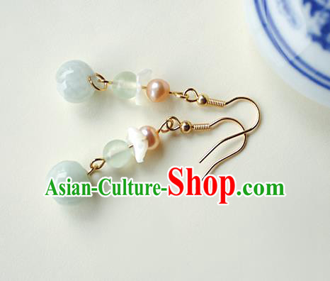 Chinese Handmade Jade Earrings Classical Jewelry Accessories Hanfu Ming Dynasty Princess Pearl Eardrop