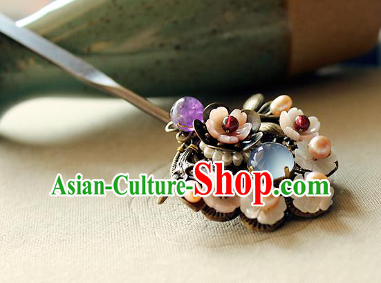 Chinese Classical Pearls Black Hair Stick Handmade Hanfu Hair Accessories Ancient Ming Dynasty Queen Blue Chalcedony Hairpins