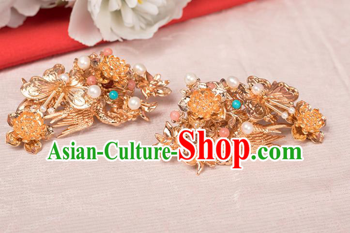 Chinese Classical Golden Phoenix Hair Sticks Handmade Hanfu Hair Accessories Ancient Ming Dynasty Empress Hairpins