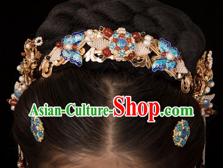 Chinese Classical Agate Pearls Hair Crown Handmade Hanfu Hair Accessories Ancient Ming Dynasty Princess Hairpins Blueing Butterfly Hair Comb