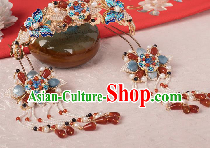 Chinese Classical Pearls Tassel Hair Stick Handmade Hanfu Hair Accessories Ancient Ming Dynasty Princess Blueing Agate Hairpins