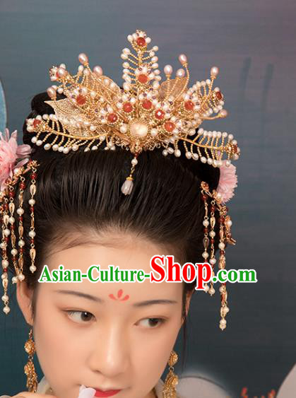 Chinese Classical Golden Phoenix Coronet Handmade Hanfu Hair Accessories Ancient Ming Dynasty Princess Hairpins Pearls Hair Crown