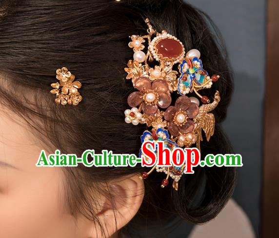 Chinese Classical Blueing Butterfly Hair Stick Handmade Hanfu Hair Accessories Ancient Ming Dynasty Princess Pearls Agate Hairpins