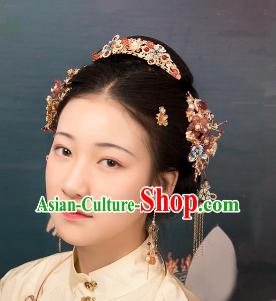 Chinese Classical Blueing Pearls Hair Comb Handmade Hanfu Hair Accessories Ancient Ming Dynasty Princess Hairpins Agate Hair Crown