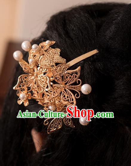 Chinese Classical Pearls Hair Stick Handmade Hanfu Hair Accessories Ancient Ming Dynasty Queen Golden Phoenix Hairpins