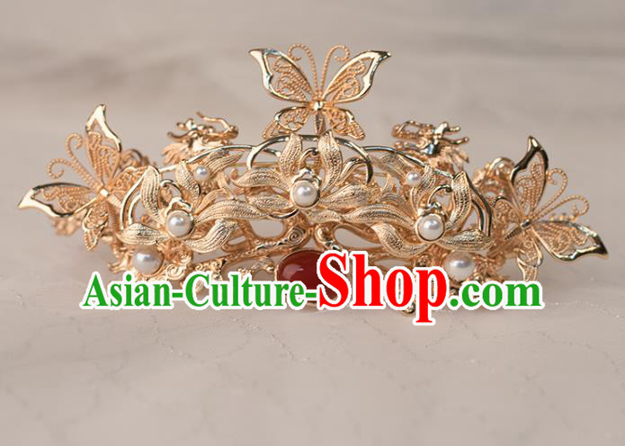 Chinese Classical Golden Lotus Hair Comb Handmade Hanfu Hair Accessories Ancient Ming Dynasty Queen Hairpins Agate Hair Crown