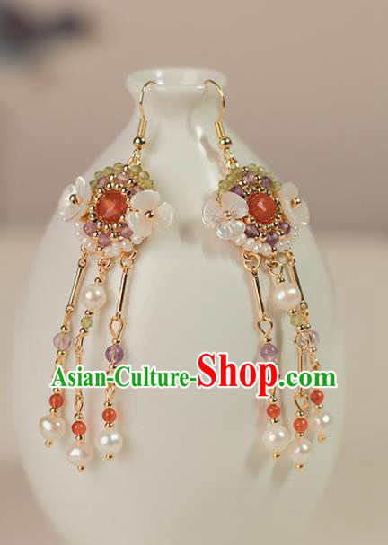 Chinese Handmade Pearls Earrings Classical Ear Accessories Hanfu Ming Dynasty Princess Shell Flowers Eardrop