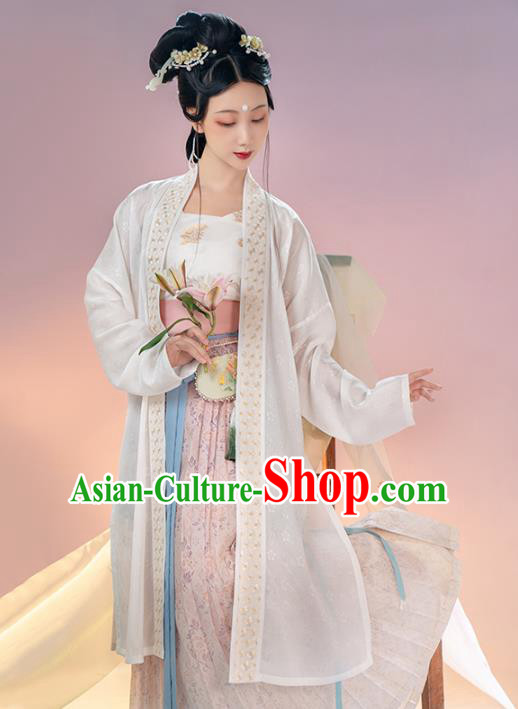 Chinese Ancient Song Dynasty Women Historical Costumes Embroidered Hanfu Dress Traditional White BeiZi Top and Skirt Full Set