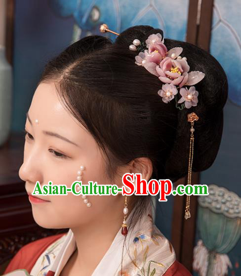 Chinese Classical Court Pink Flowers Hair Stick Handmade Hanfu Hair Accessories Ancient Song Dynasty Princess Hairpins