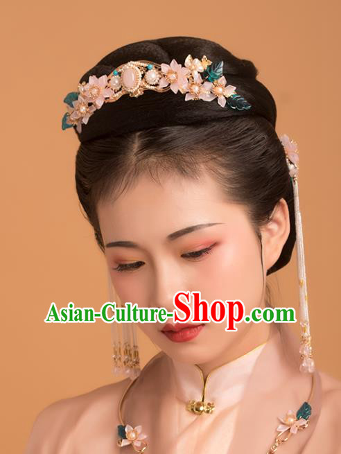 Chinese Classical Palace Pink Lotus Pearls Hair Crown Handmade Hanfu Hair Accessories Ancient Ming Dynasty Empress Hairpins