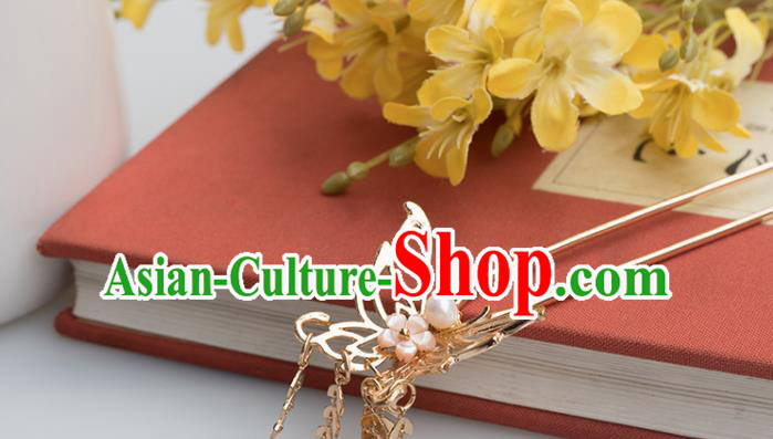 Chinese Classical Palace Pearls Tassel Step Shake Handmade Hanfu Hair Accessories Ancient Ming Dynasty Empress Golden Butterfly Hairpins