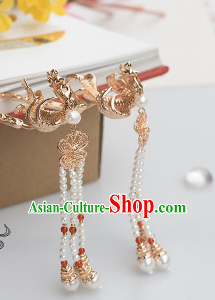 Chinese Classical Palace Pearls Tassel Step Shake Handmade Hanfu Hair Accessories Ancient Ming Dynasty Empress Golden Phoenix Hairpins