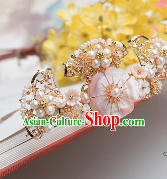 Chinese Classical Palace Shell Plum Hair Crown Handmade Hanfu Hair Accessories Ancient Ming Dynasty Empress Pearls Hairpins