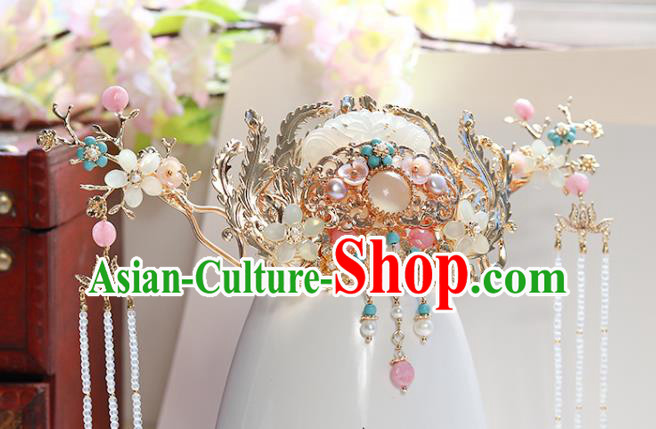 Chinese Classical Palace Jade Hair Crown Handmade Hanfu Hair Accessories Ancient Ming Dynasty Empress Pearls Chalcedony Hairpins