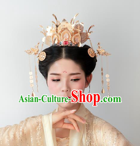 Chinese Classical Palace Golden Lotus Hair Crown Handmade Hanfu Hair Accessories Ancient Song Dynasty Empress Hairpins