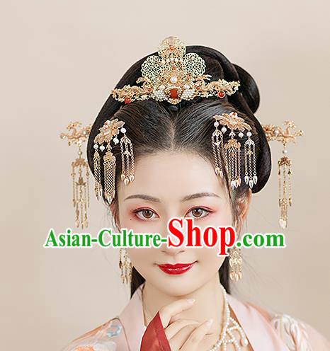 Chinese Classical Palace Golden Hair Crown Handmade Hanfu Hair Accessories Ancient Tang Dynasty Princess Agate Hairpins