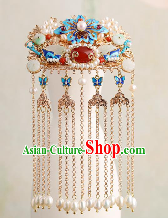 Chinese Classical Palace Blueing Lotus Hair Comb Handmade Hanfu Hair Accessories Ancient Ming Dynasty Princess Jade Pearls Hairpins