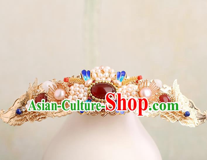 Chinese Classical Palace Pearls Agate Hair Crown Handmade Hanfu Hair Accessories Ancient Ming Dynasty Princess Golden Butterfly Hairpins