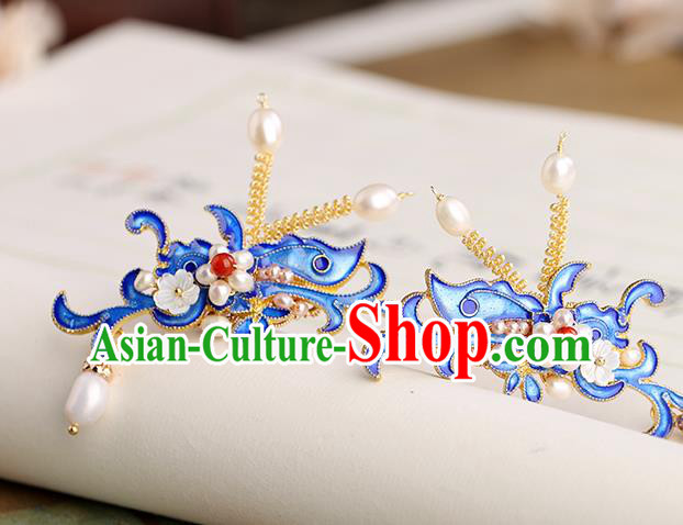 Chinese Classical Palace Blueing Pearls Hair Stick Handmade Hanfu Hair Accessories Ancient Ming Dynasty Princess Hairpins
