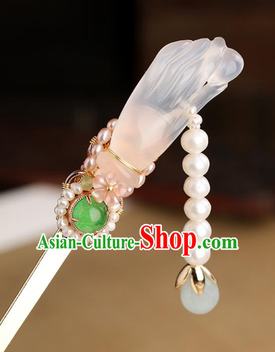 Chinese Classical Palace Jade Hair Stick Handmade Hanfu Hair Accessories Ancient Ming Dynasty Princess Pearls Tassel Hairpins