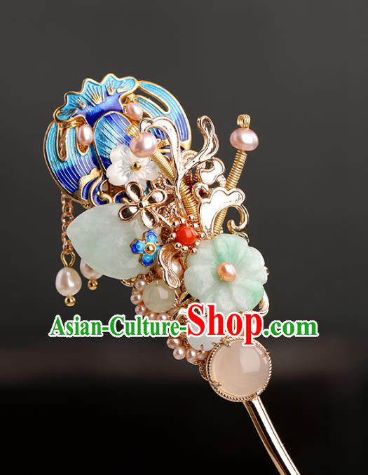 Chinese Classical Palace Jade Plum Hair Stick Handmade Hanfu Hair Accessories Ancient Ming Dynasty Princess Blueing Pearls Hairpins