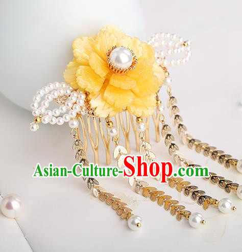 Chinese Classical Palace Yellow Peony Tassel Hair Comb Handmade Hanfu Hair Accessories Ancient Ming Dynasty Princess Hairpins