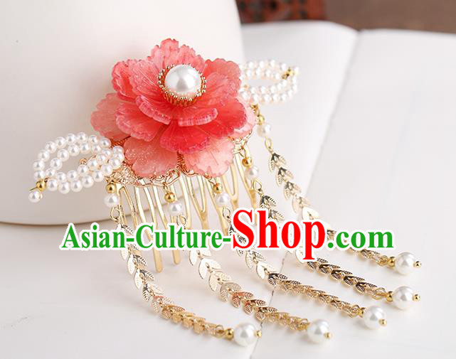 Chinese Classical Palace Red Peony Tassel Hair Comb Handmade Hanfu Hair Accessories Ancient Ming Dynasty Princess Hairpins