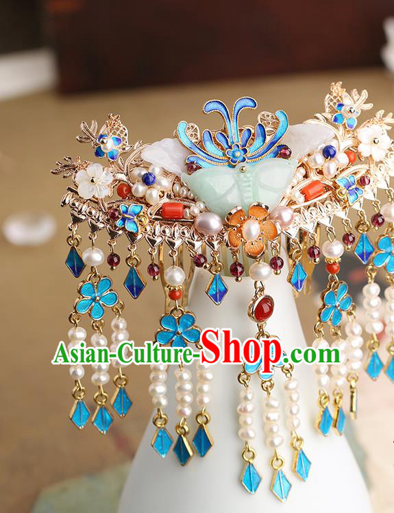 Chinese Classical Palace Pearls Tassel Hair Comb Handmade Hanfu Hair Accessories Ancient Ming Dynasty Princess Jade Butterfly Hairpins