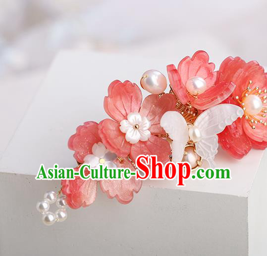 Chinese Classical Palace Red Crystal Tassel Hair Stick Handmade Hanfu Hair Accessories Ancient Ming Dynasty Princess Shell Butterfly Hairpins