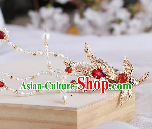 Chinese Classical Palace Phoenix Hair Sticks Handmade Hanfu Hair Accessories Ancient Ming Dynasty Princess Red Crystal Hairpins