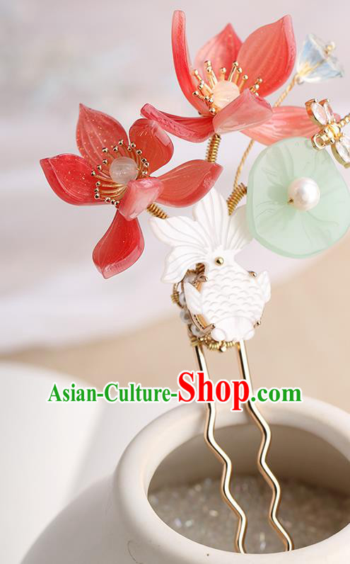 Chinese Classical Palace Red Lotus Hair Sticks Handmade Hanfu Hair Accessories Ancient Song Dynasty Princess Shell Fish Hairpins