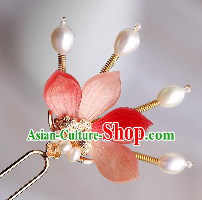 Chinese Classical Palace Red Flower Hair Sticks Handmade Hanfu Hair Accessories Ancient Song Dynasty Princess Hairpins